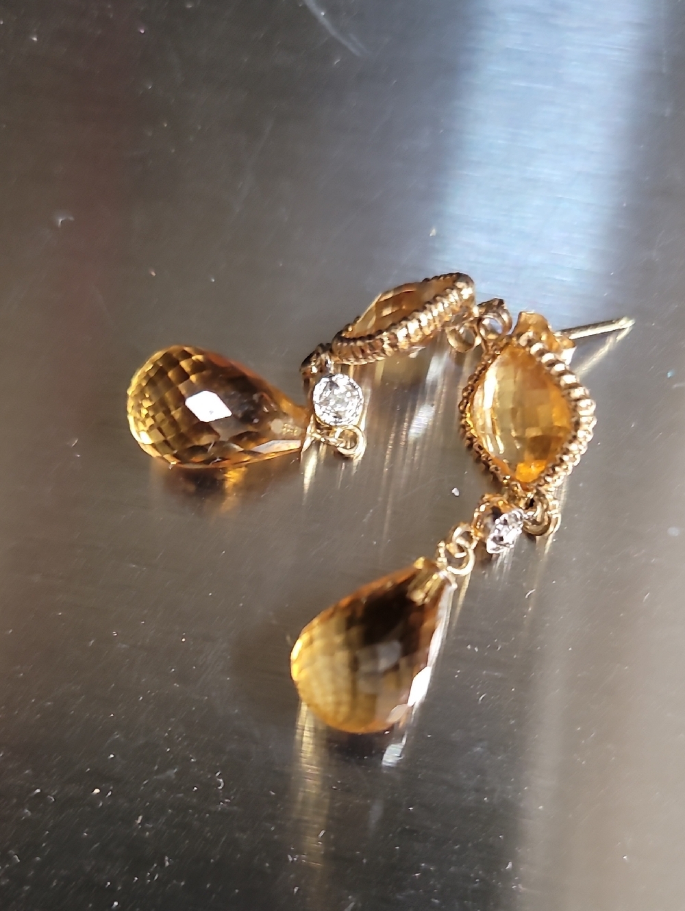 14k Citrine Drop Earrings - Elegant Yellow Gem Dangle With Small Diamonds - Picture 6 of 6